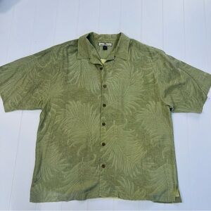 Tommy Bahama Men's XL Silk Camp Shirt Sage Green Tropical Palm Leaf Tonal Print